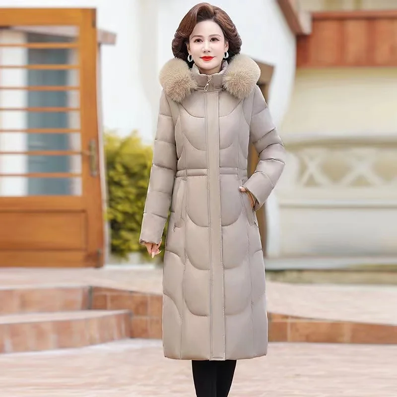 

2023 New Winter Women Jacket Parkas Thick Warm Long Coat Female Middle-aged Mother Loose Fur Collar Hooded Snow Wear Outwear