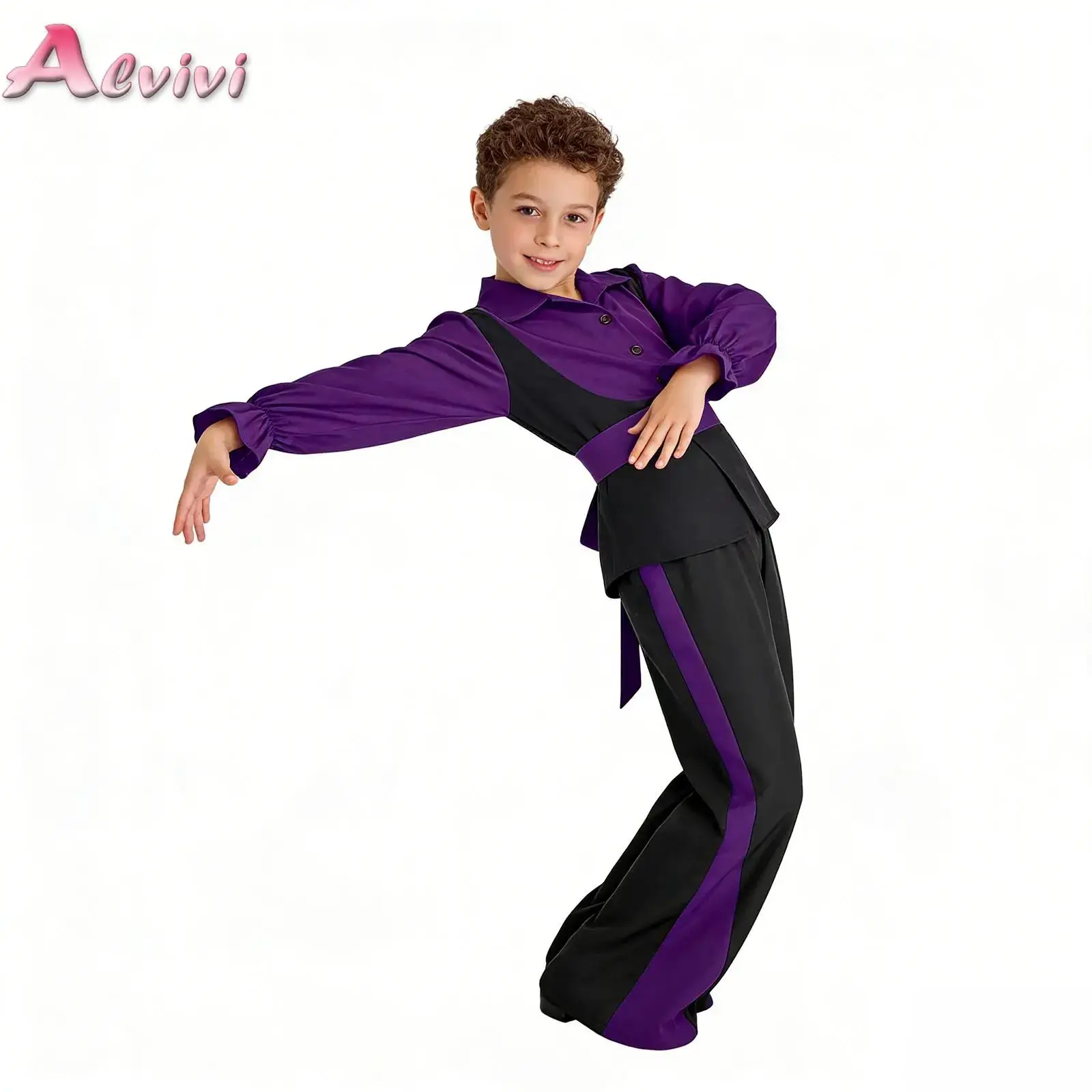 Kids Boys Color Block Flamenco Dance Outfit Long Puff Sleeve Pullover Shirt with Pants And Belt Suit for Performance Competition