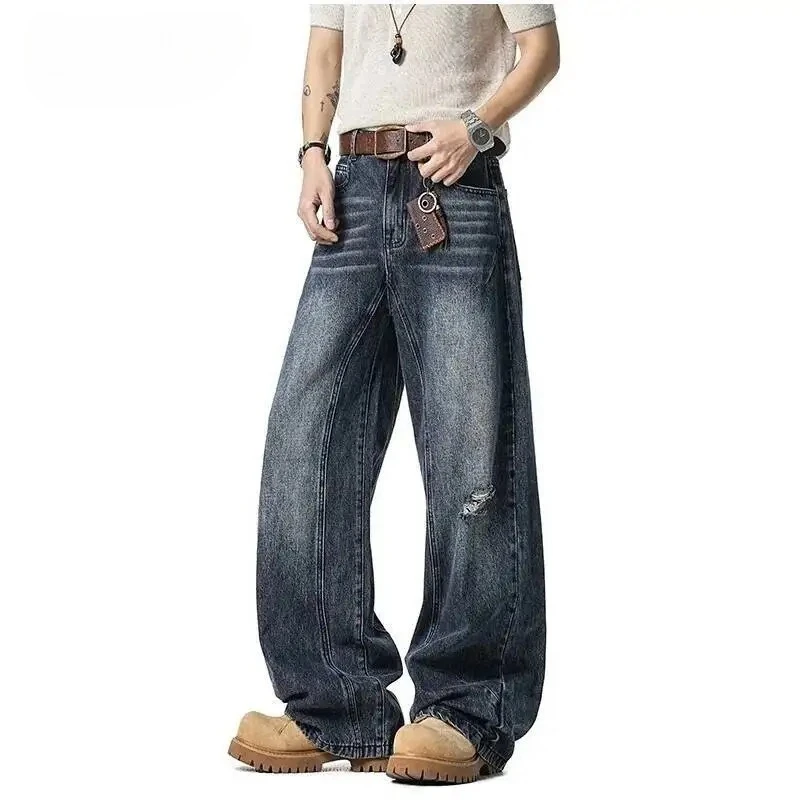 Men's Deconstructed Cut Wide Leg Jeans American Style Trendy Washed Blue Denim Long Pants Fashion Loose Trousers