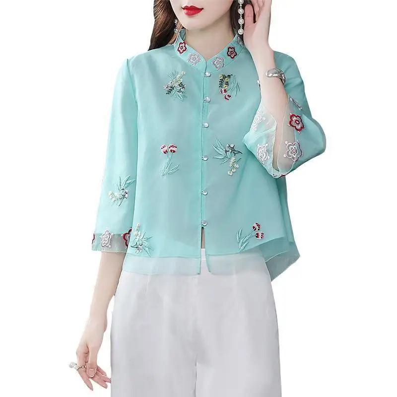 Spring and Autumn Ethnic Style Tang Suit Coat Retro Embroidery Button Chinese Top Women\'s Top Elegant Loose Blouse Chinese Top