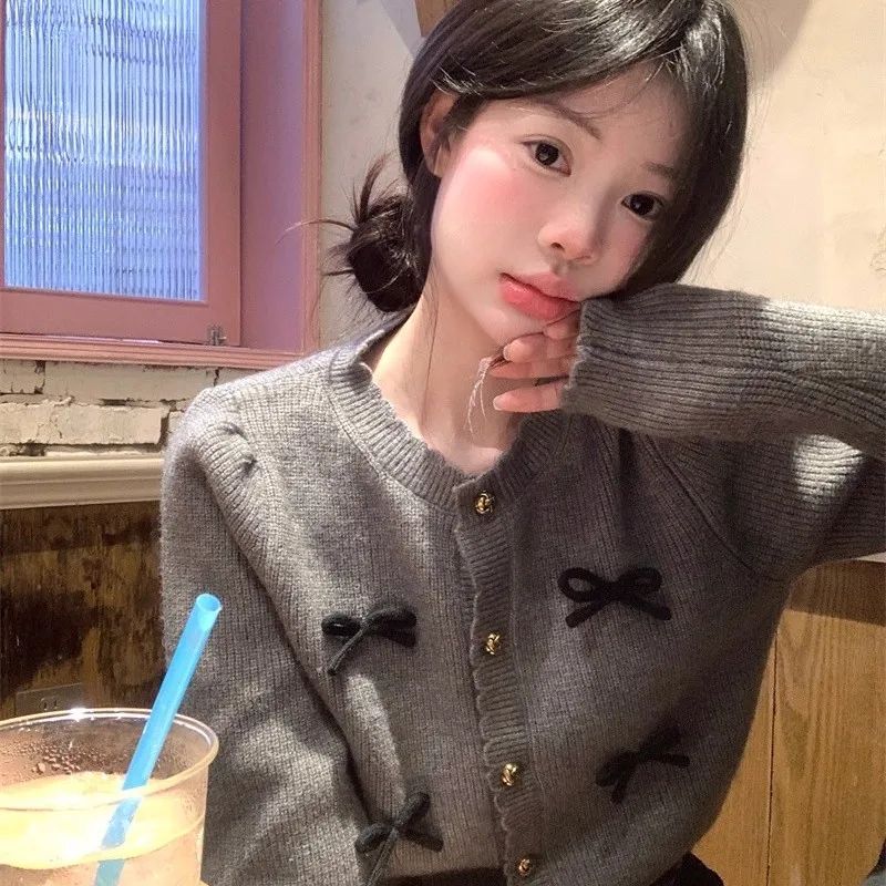 

Off Sweet Sle Knitted ort Outerwear Women's round Ne Sweater Knot Loose Fit Outer Layer Korean Sle Cardigan