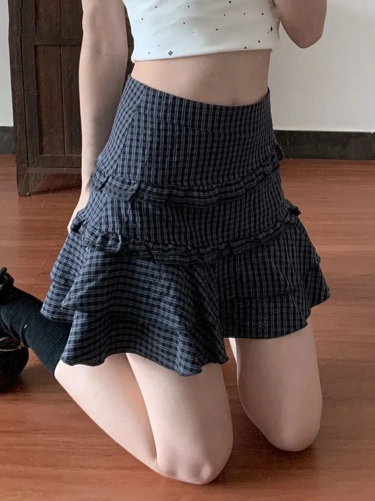 Spódnice w kratę damskie z wysokim stanem w stylu preppy vintage słodkie eleganckie modne falbany patchwork mini spódniczka damska codzienna