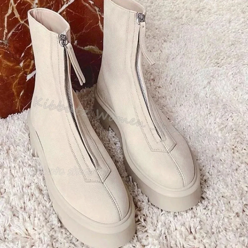 

Front Zipper Ankle Boot Thick Bottom Round Toe Solid Color Genuine Leather Fashion Elegant British Style concise Women Shoes New