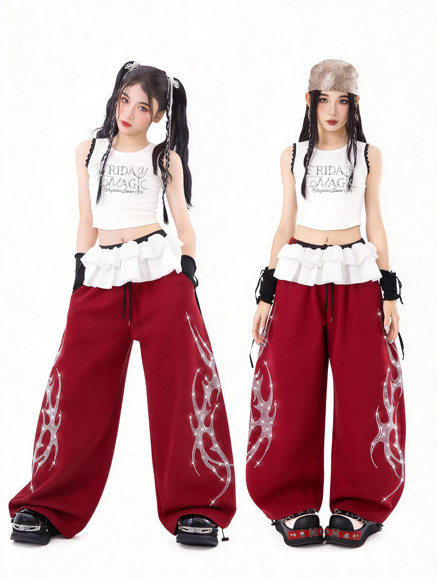 

Children Hip Hop Dance Costumes For Girls White Vest Red Cargo Pants Streetwear Fashion Jazz Performance Rave Clothes XH4927