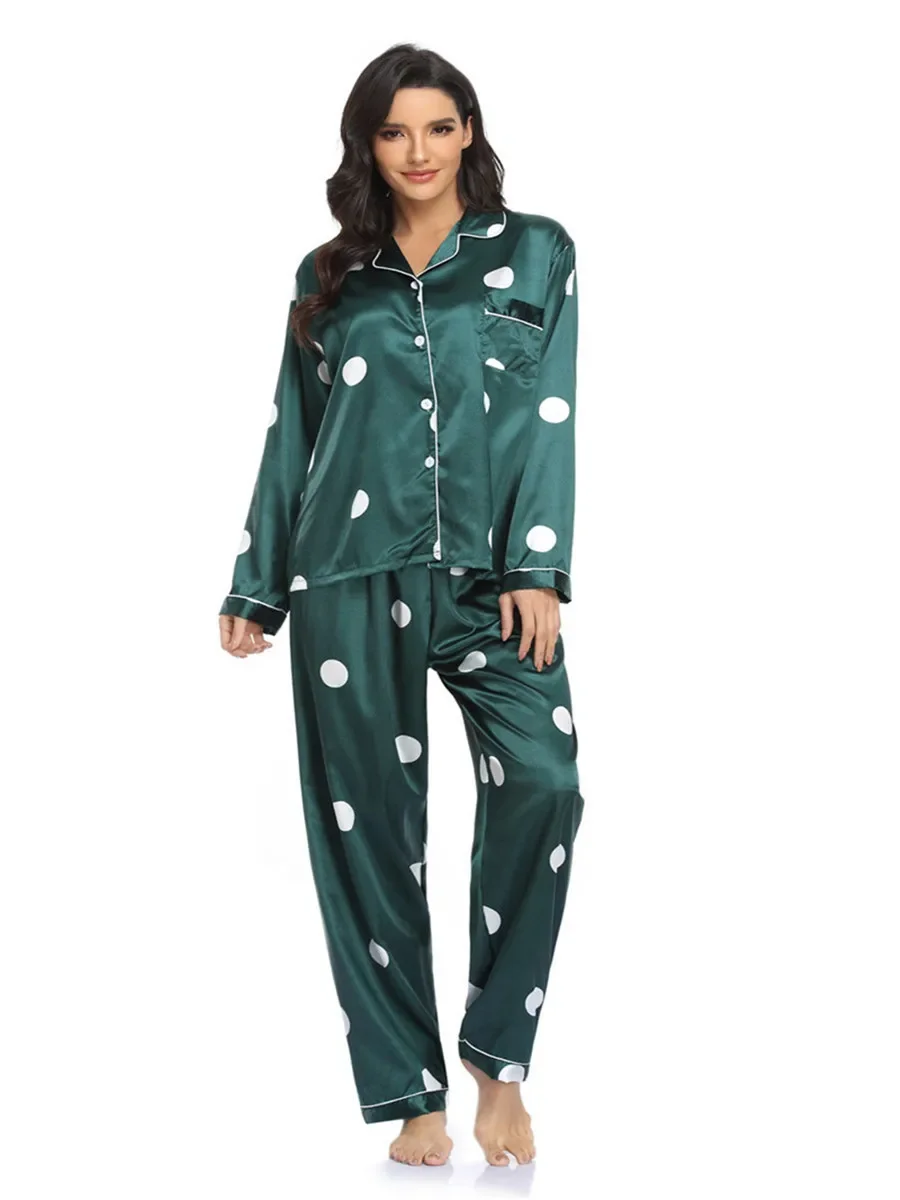 Women's Pajamas Set 2 Piece Polka Dot Print Pyjama Faux Silk Satin Sleepwear Spring Summer Long Sleeve Pijama Mujer Pjs Homewear