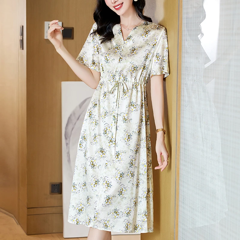 Elegant Chic Dresses For Women 2026 Summer V-neck Short Sleeve 19mm Real Silk Satin Women's Floral Print Long Dress A-line