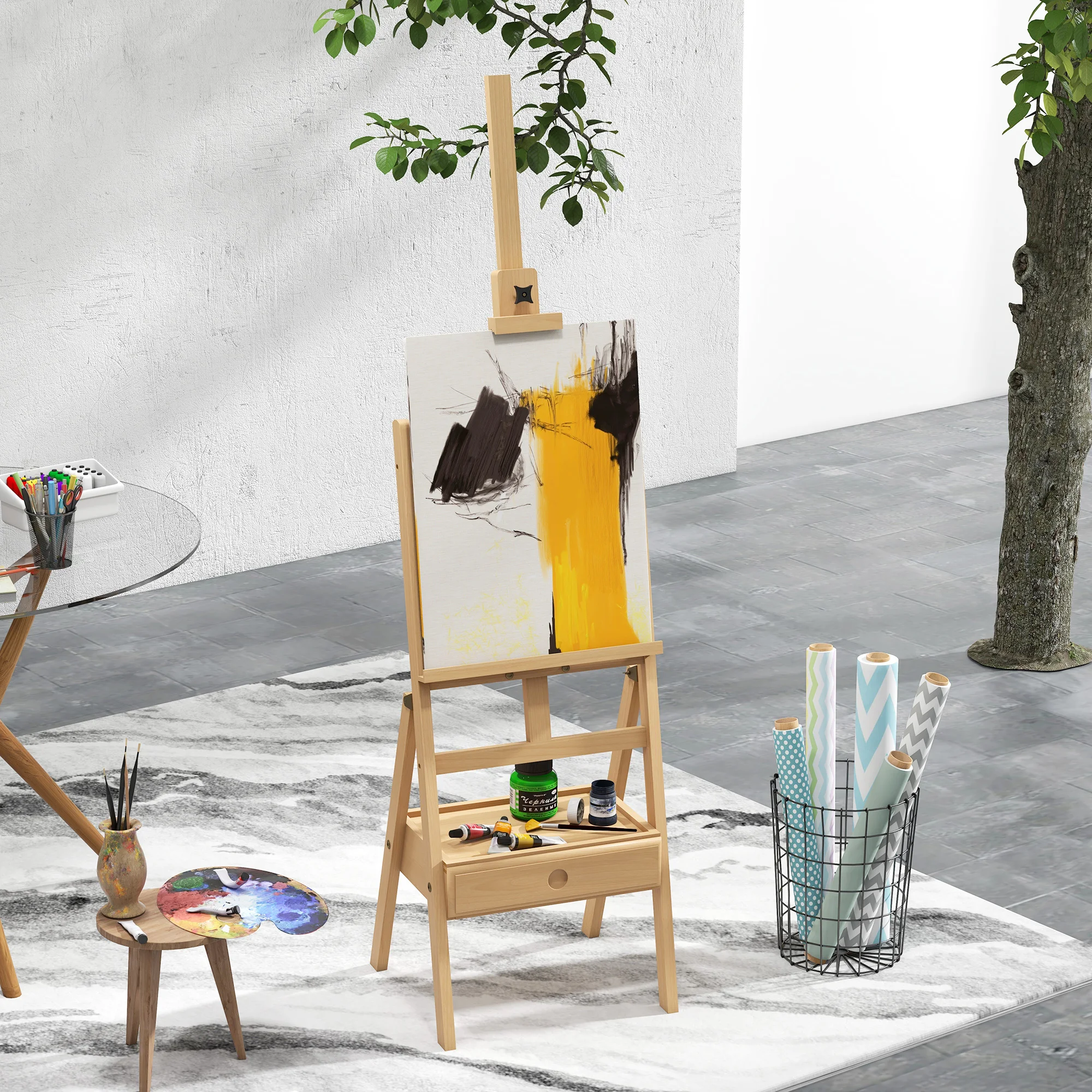 Vinsetto Caballete de Pintura de Madera con Cajón 43,5x43x150-190 cm Natural
