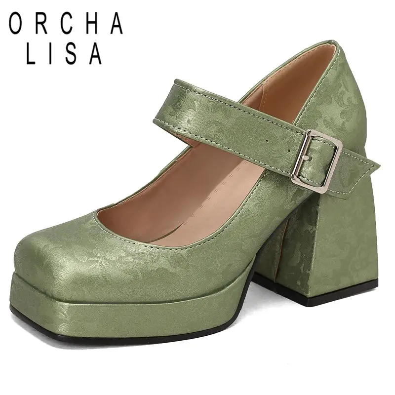 ORCHA LISA Fashion Mary Janes Pumps Square Toe Block Heels 9cm Platform 2cm Buckle Strap Plus Size 43 44 45 Sweet Dating Shoes