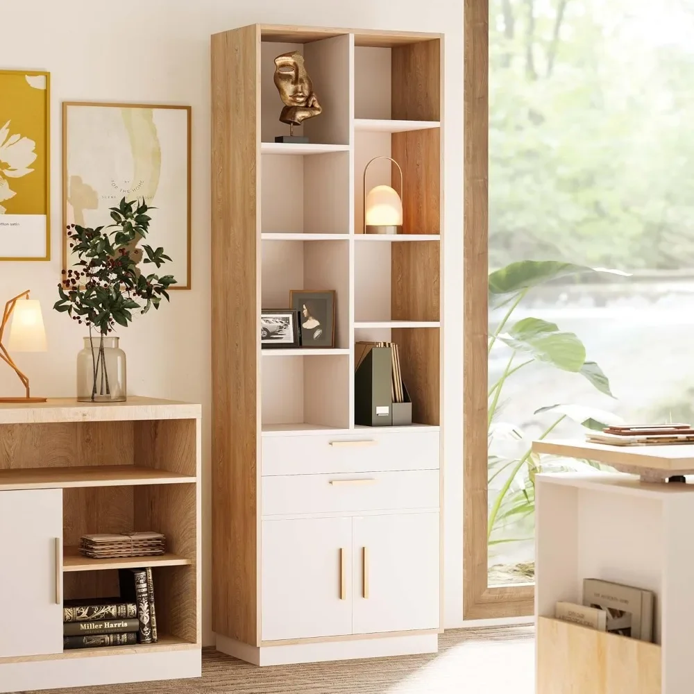 Wood Bookcase with 2 Drawers and Doors, 8 Storage Cubes, Tall Bookshelf, Modern Bookcase, Wooden Bookshelf for Home and Office