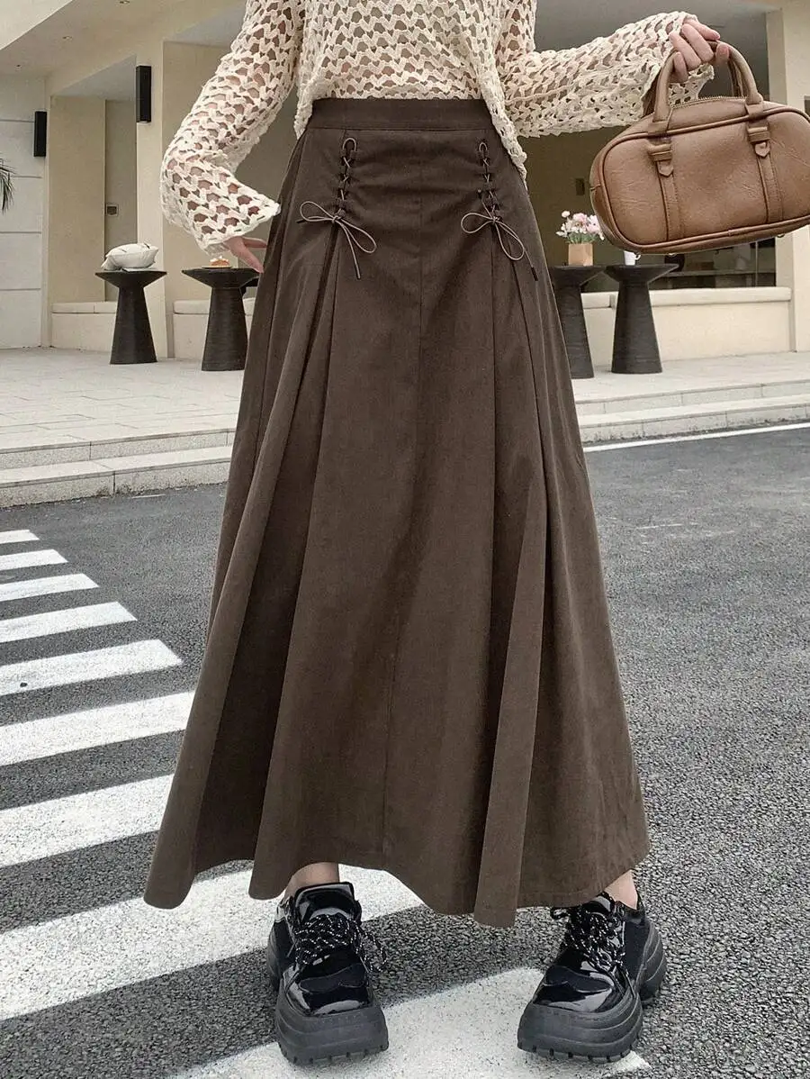 

Women's Solid Brown High-Waist Maxi Skirt with Lace-Up Waist and Pleats