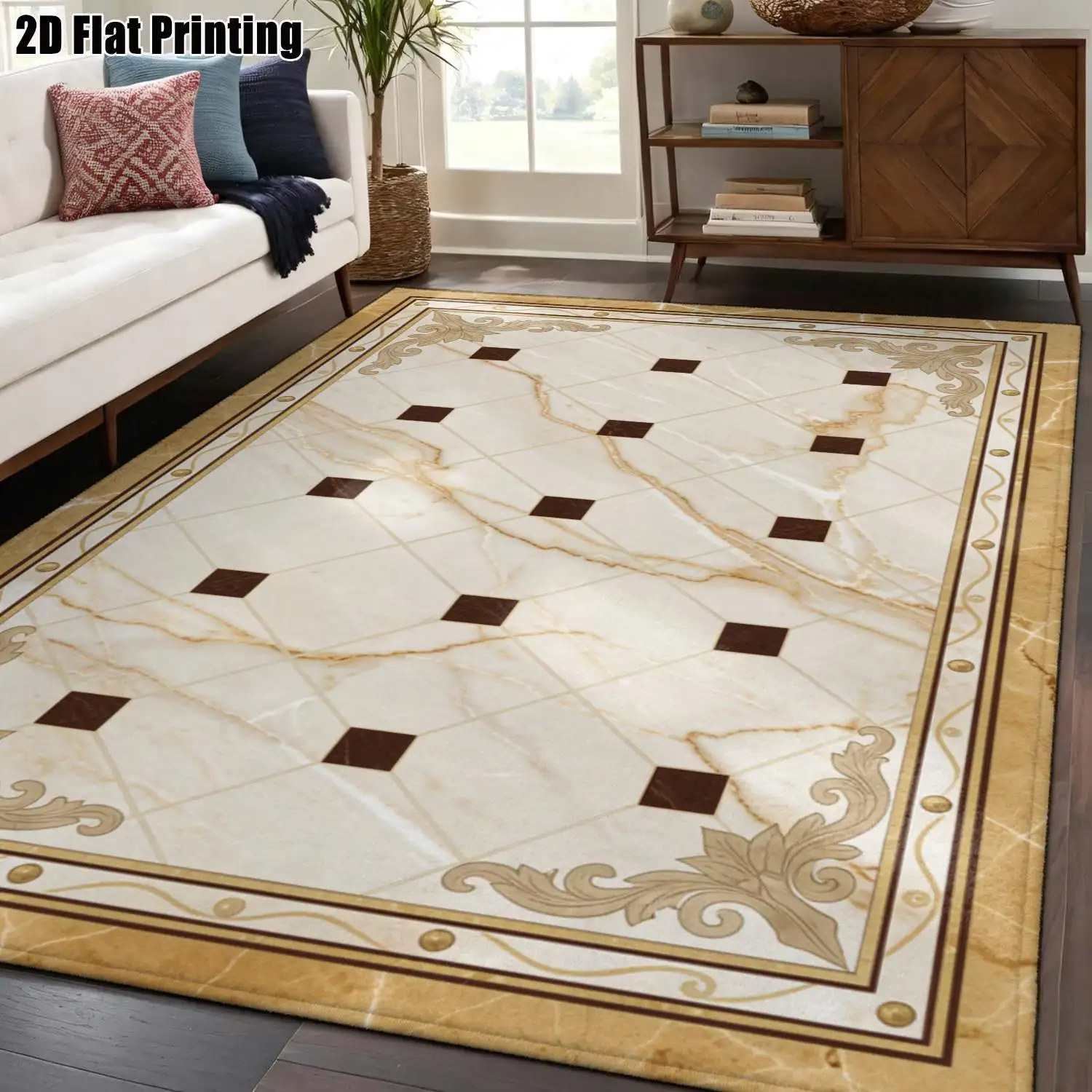 1Pc 2D Printed Beige Brown Geometric Pattern Carpet: European Modern Minimalist Home Decor Rug, Multi-Size, Machine Washable, for Entrance, Dining, Foyer, Study, Living, Bedroom