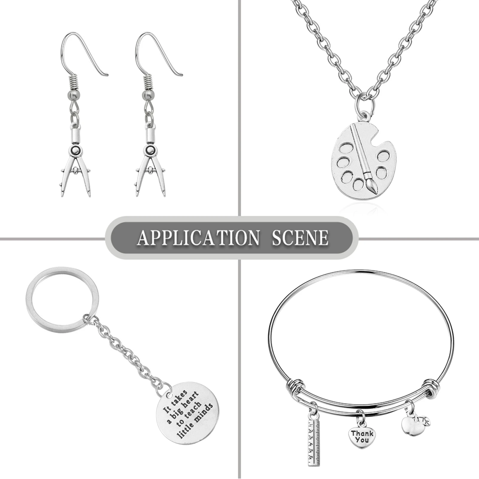 100Pcs 10 Styles Antique Silver School Teacher Charms Ruler Pen Book Palette Charms for Teacher's Day Jewelry Making DIY