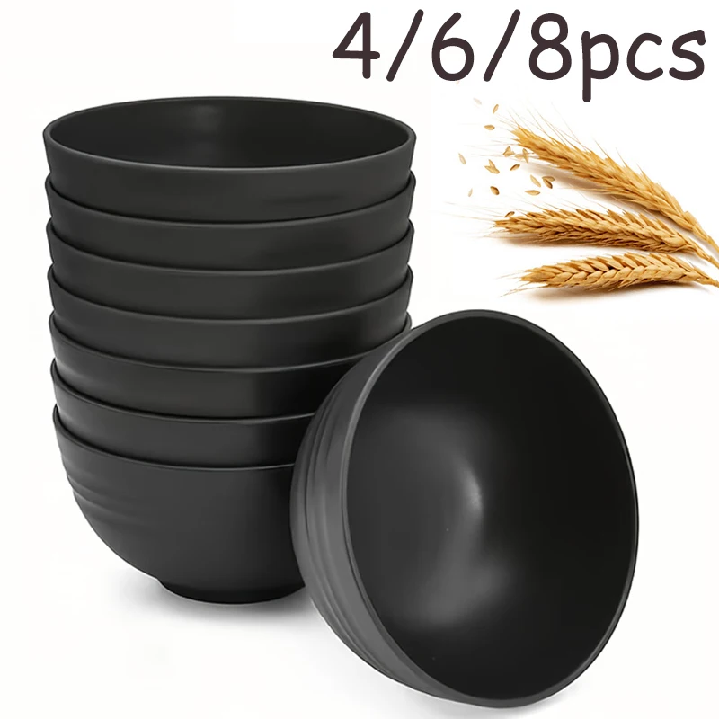 Juego de 4/6/8 tazones de plástico negro para el hogar, tazón para ensalada de frutas, tazón para restaurante, tazón anti-caída para fideos instantáneos.