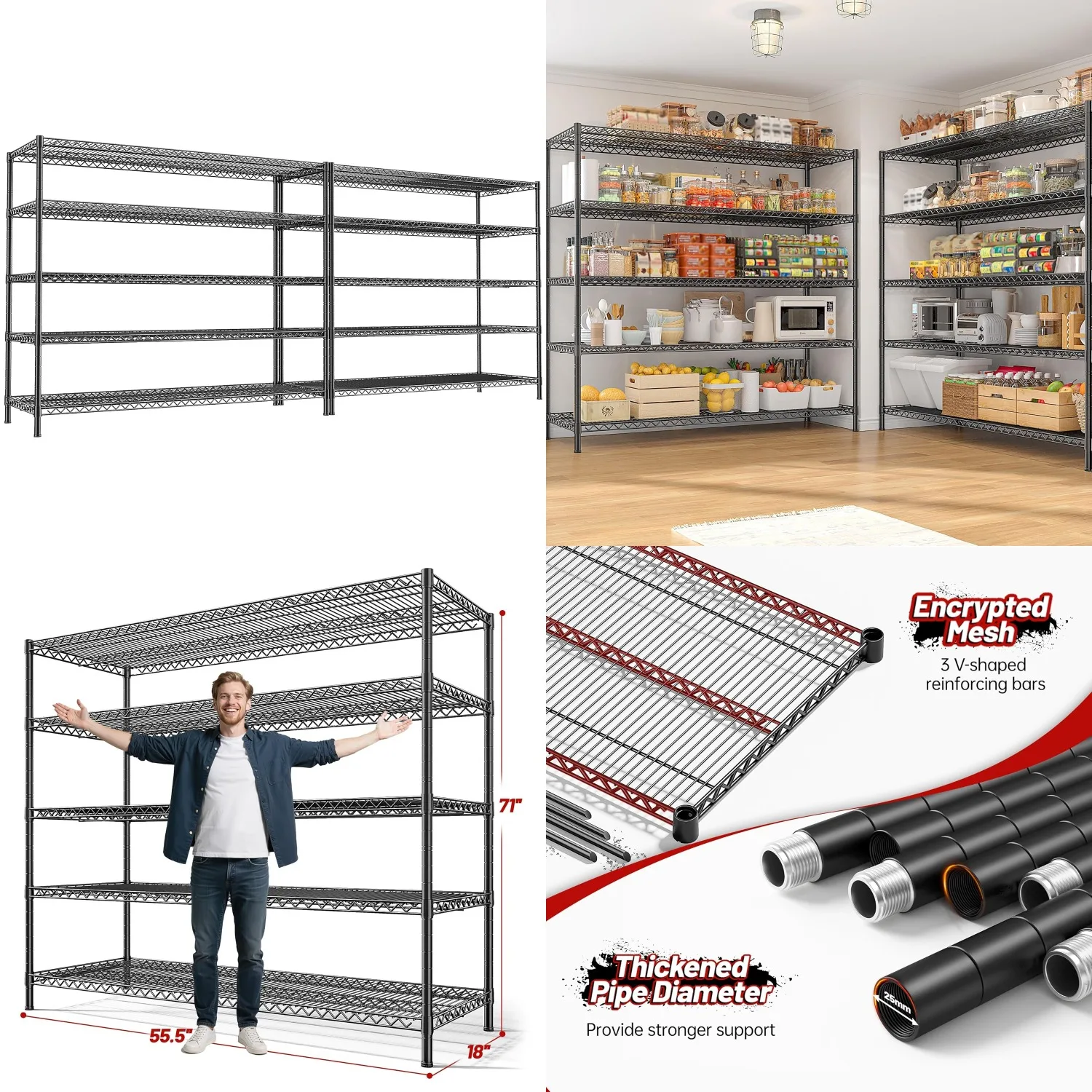 

55.5" W Storage Shelves 3200LBS Wire Shelving Unit 5 Tier Metal Shelving Garage Shelving 2PCS Heavy Duty Metal, Customized