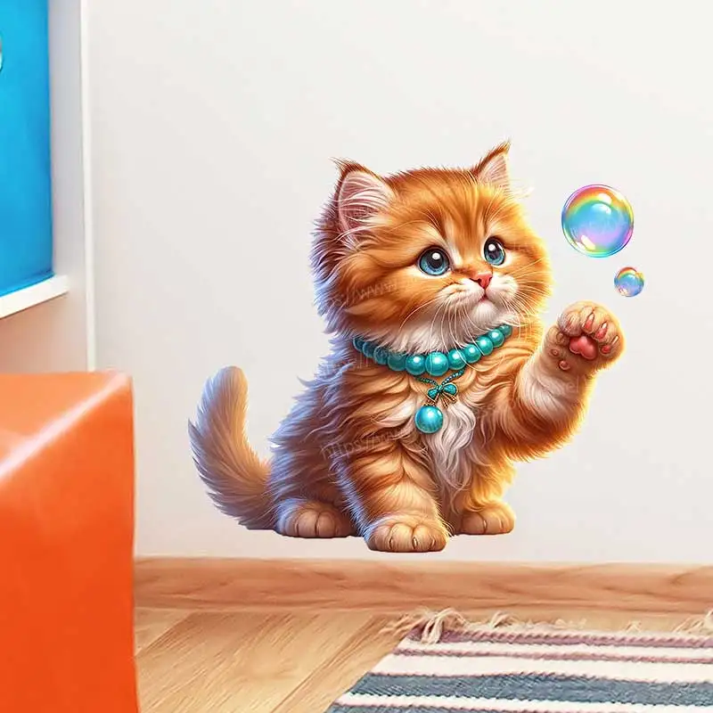 Cute kittens catching bubbles and playing vinyl decals wall laptop corridor desk luggage decoration self-adhesive painting CM65