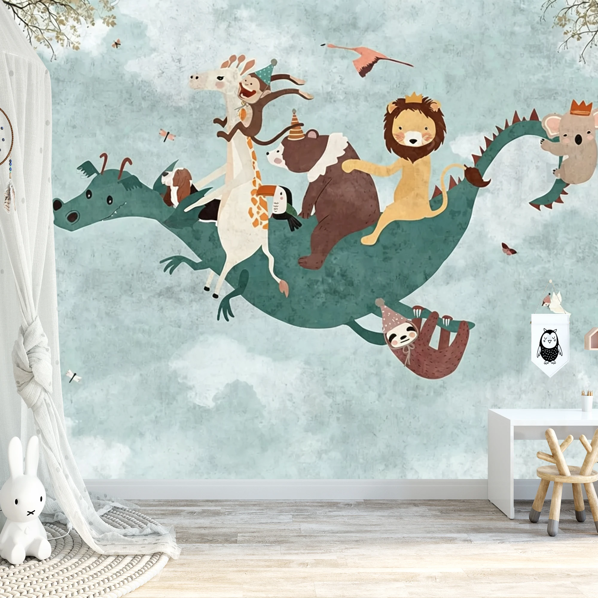 Custom Mural Wallpaper Kids Fantasy Peel And Stick Wall Flying Dragon Cartoon Animals Lion Giraffe For Nursery Bedroom Home Deco