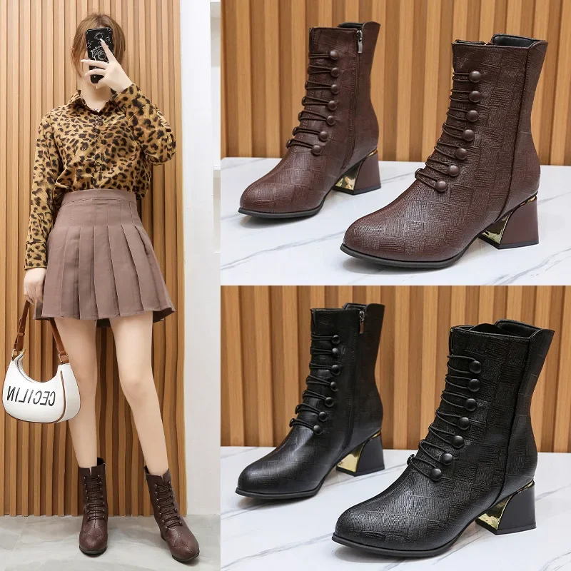 Winter Fashion solid buttons high heels pointed toe cross strap decoration ankle lady boots women ventilate boots brown/black