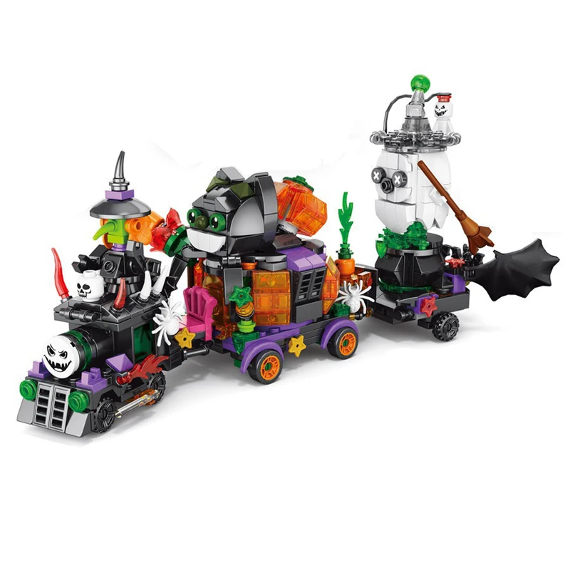 6-in-1 Halloween Building Blocks Set Creative MOC DIY Haunted House Pumpkin Lantern Candy Train Kids Gift Educational Toy