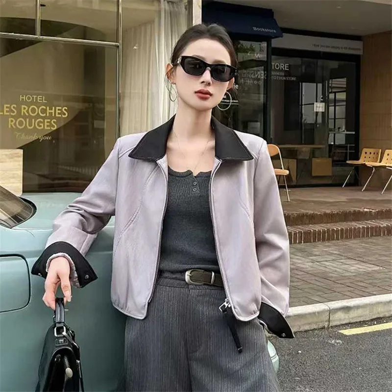 Autumn New Women Contrast Color Lapel Patchwork Short Faux PU Leather Jacket Black Purple Casual Long Sleeve Cropped Outerwear