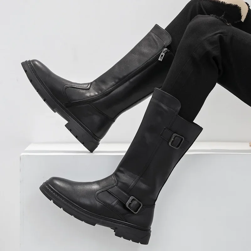 Winter Men's Boots Mid Calf Basic Motorcycle New Fashion Military Parade Boots Knight Thick Soled Long Boots Men's Shoes Black