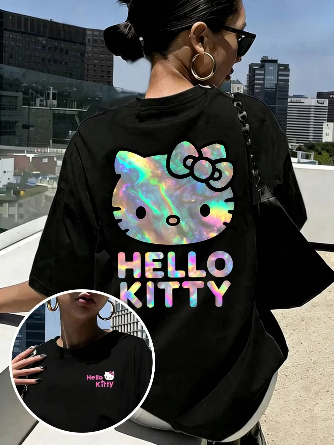 

Летняя акционная скидка 2026: Футболка Hello Kitty с леопардовым принтом, высокое качество, унисекс, ретро, повседневная, в стиле Y2K, для взрослых и детей