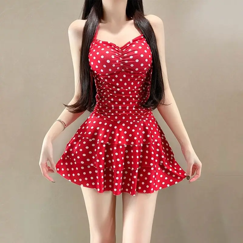 2026 New Polka Dot One Piece Swimsuit Women Skirt Cover Up Tummy Control Bust Support Hot Spring Suit