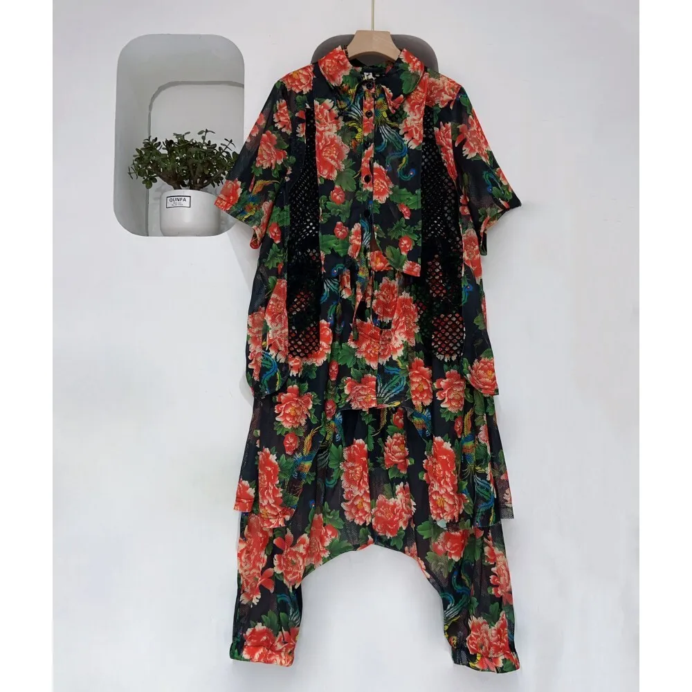 

Chinese Style Printed Lapel Short Sleeved Irregular Shirt + Large Crotch Pants Two-piece Set Women 2024 Summer ZF126