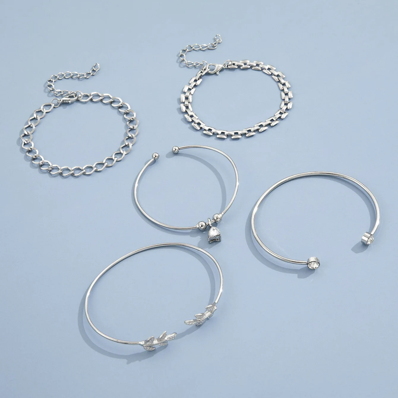 Bohemian Silver Color Geometric Link Chain Bracelet Set For Women Crystal Leaf Open Cuff Bangle Female Boho Jewelry Accessory image 4