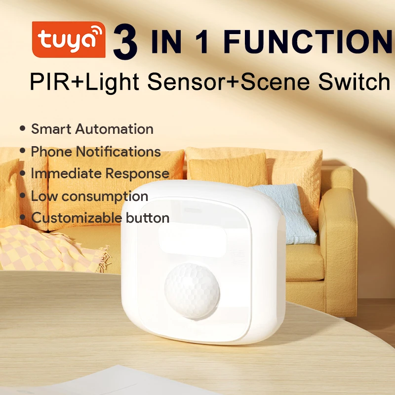 Tuya 3 in1 Smart PIR + Motion Sensor+ Lighting /Curtains Control Button Scene Switch Home Movements Detector Works with MeshHub