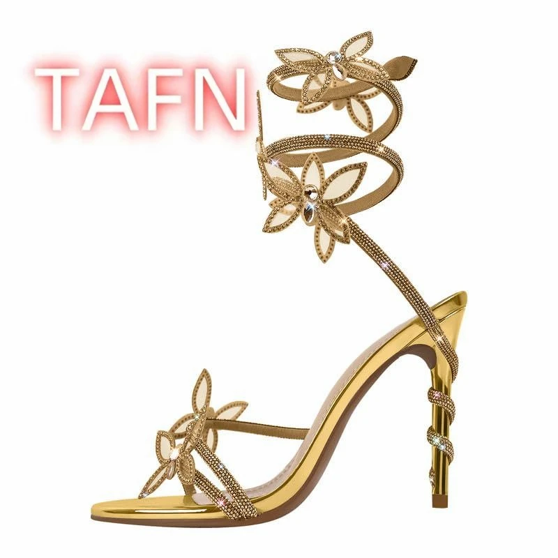 Diamond Wrap Heels Sandals Ankle Wrap Around Strap Sandals Fantasy Rhinestone Sparkly Stiletto Heel Sandals Golden