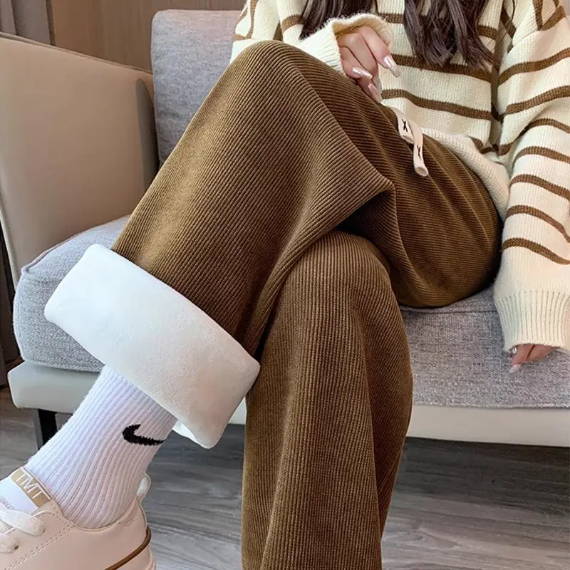 Autumn Winter New Loose All-match Corduroy Pants Elastic Waist Solid Fleece Casual Straight Pants Fashion Vintage Women Clothing