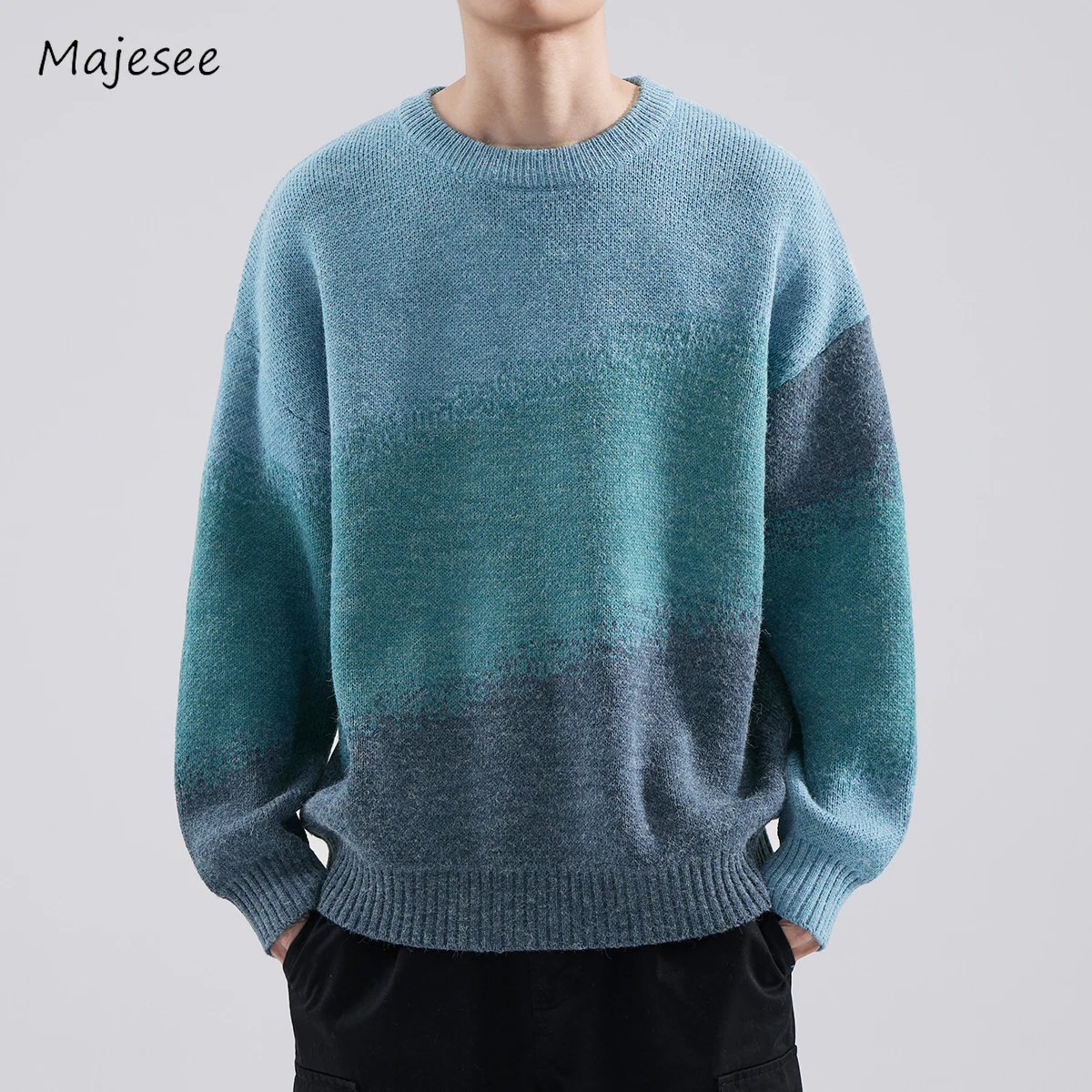 Gradient Sweaters Men Baggy Inner Warm Tops Casual High Street Knitwear Lazy Fashion American Style Soft Autumn Winter Pullovers