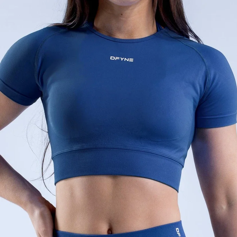 Dfyne Impact Crop Top per donna Top Yoga manica corta camicie leggero palestra Crop Top senza cuciture camicia sportiva a coste Crop Fit