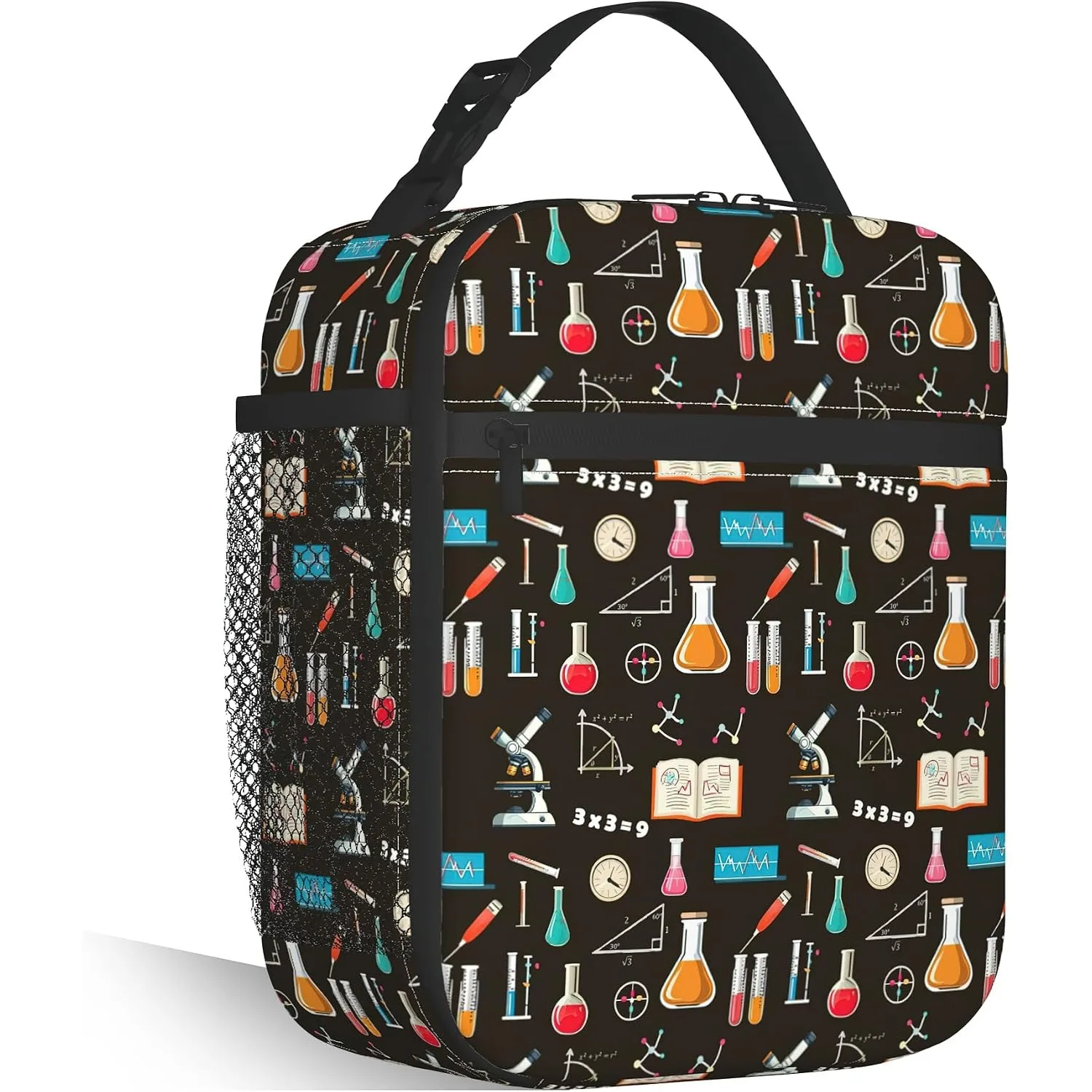 Science Chemistry Lunch Bag Biology Physics Pattern Insulated Lunch Box Reusable School Lunch Tote with Zipper and Side Pocket