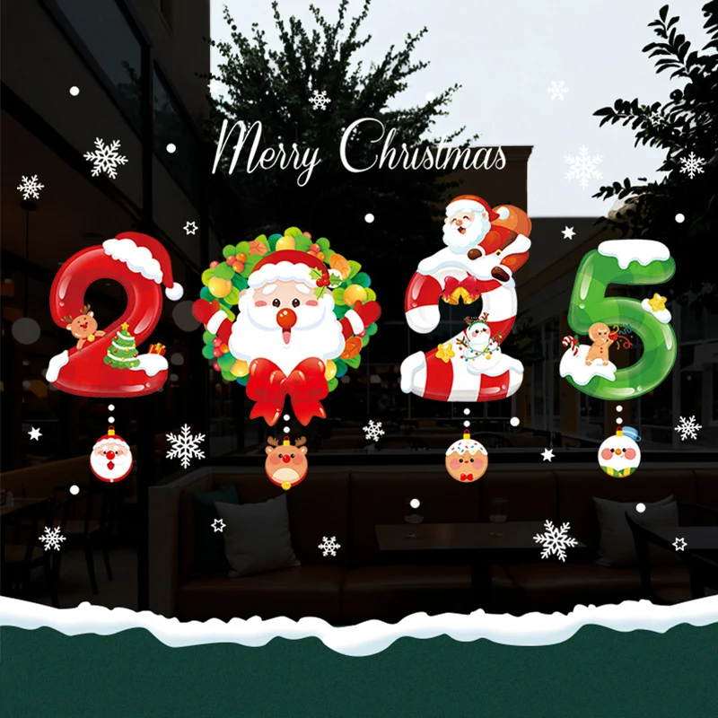 Happy New Year 2025 Window Stickers Merry Christmas Window Stickers Xmas Garland Santa Bells Wall Sticker  Christmas Decoration