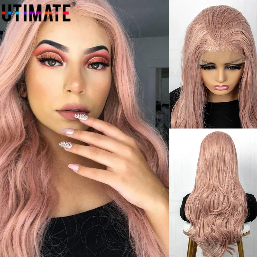 28 inch Light Pink Lace Front Synthetic Wig for Women Middle Part Natural Wavy T Lace Wig for Women Party Cosplay