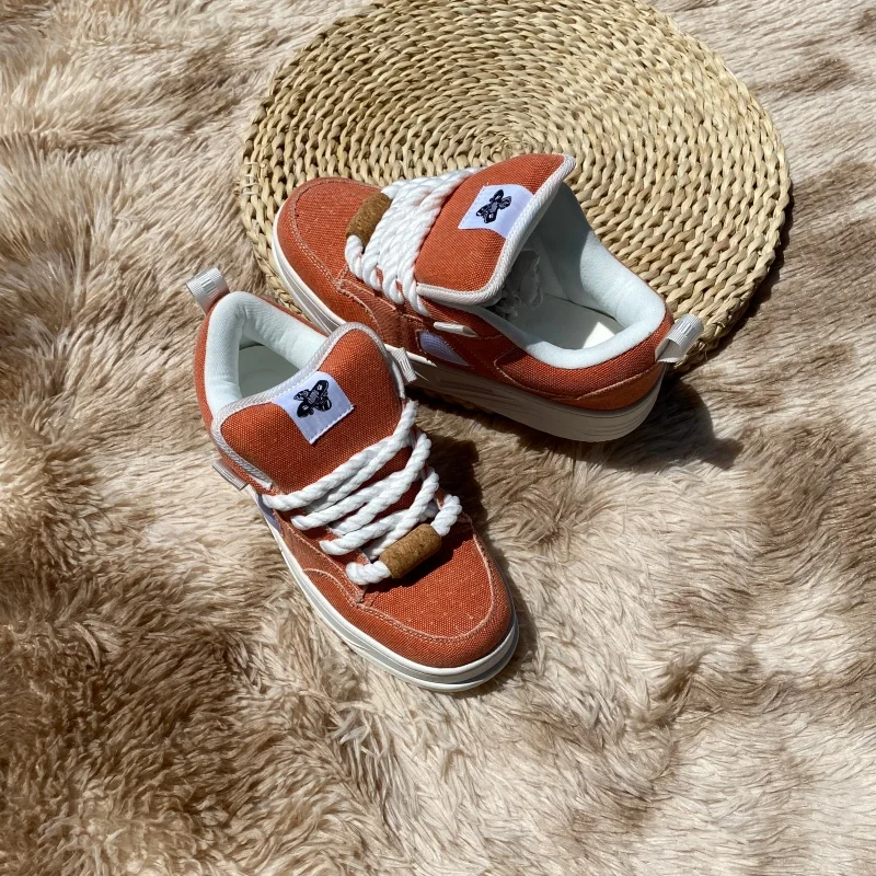 Orange Canvas Platform Skate Shoes Unisex Thick Sole Height Increasing Sneakers Large Size Thick Rope Laces Street Footwear