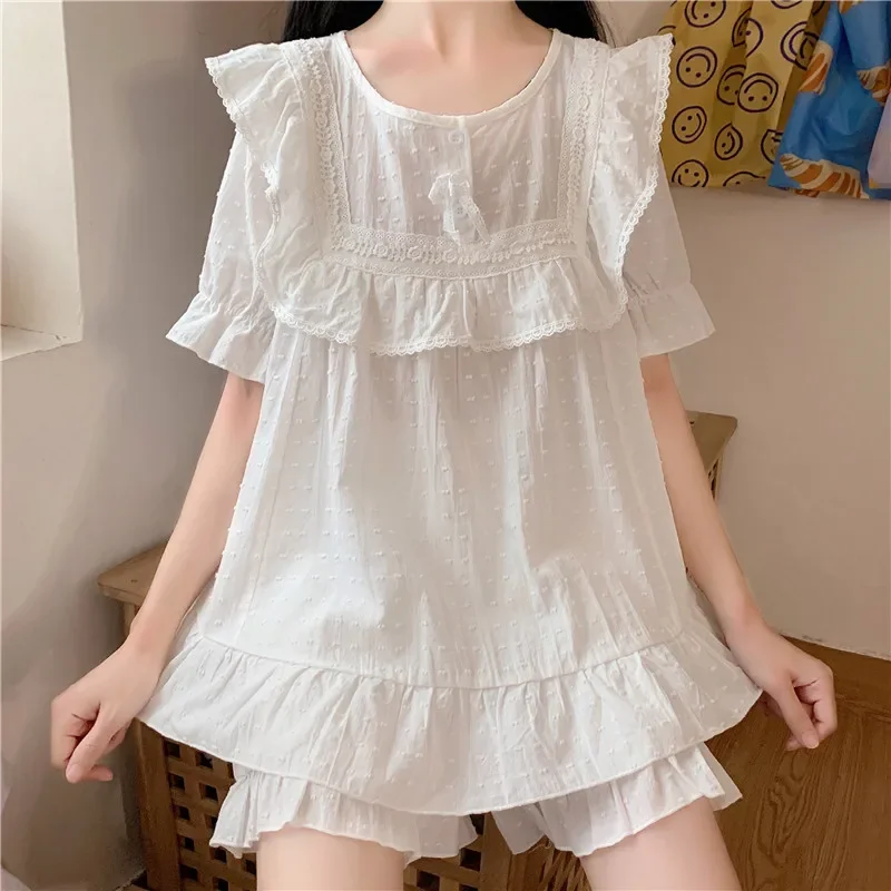 lolita princes white pure cotton pajama set women sleepwear 2 piece set short sleeve summer girls loungewear home suit Y720