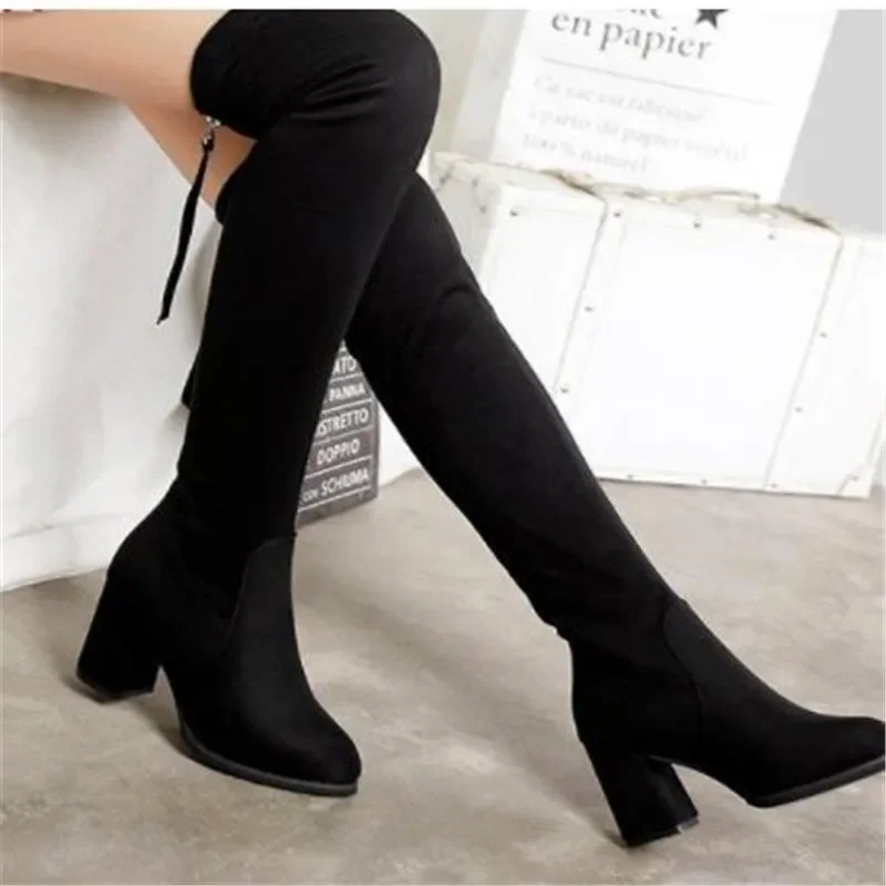 2023 Winter New Ladies Fashion Comfortable Plus Cotton Warm Boots Women Casual Sexy Flock Zip Black High Heel Black Boots Mujer