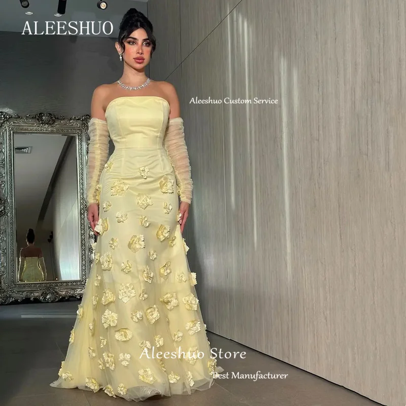 Aleeshuo Modern Saudi Atrabia Mermaid Satin Prom Dress Sexy Backless Sleeveless Strapless Pleat Flowers Evening Dress Customized