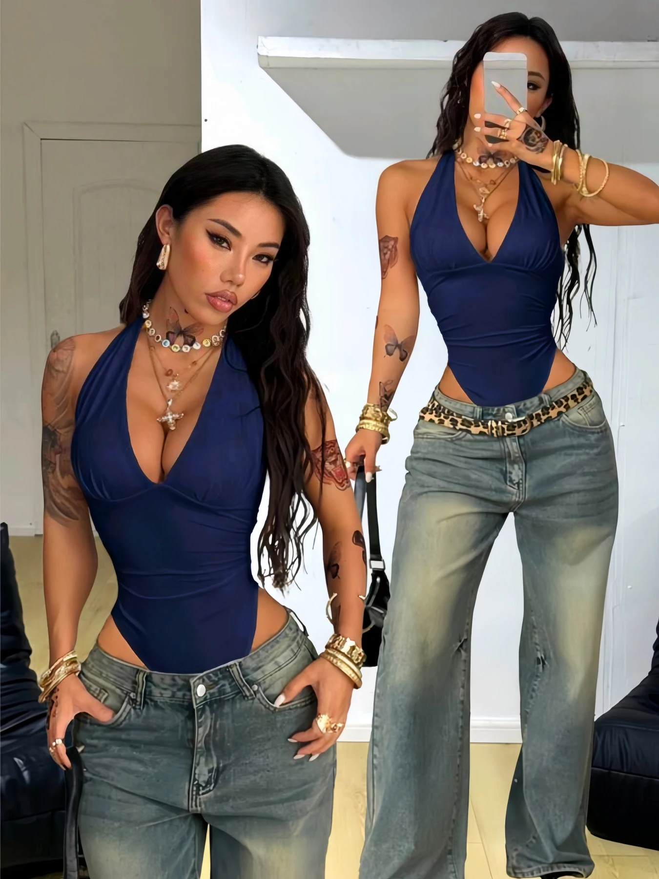 Damen Neckholder-Body mit tiefem V-Ausschnitt, gerafftem Design, schmaler Passform, ärmellos, Sommer 2026, Y2K, einfarbig Weiß, für Ausgeh-Looks, Streetwear-Jumpsuit-Oberteil – Detail 2