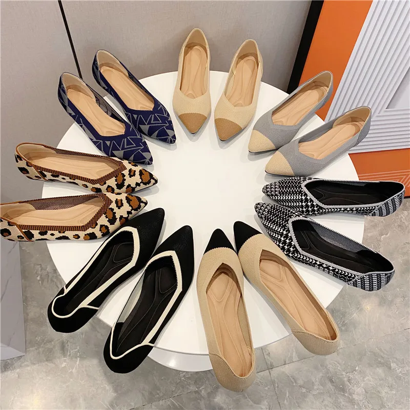 2023 new women's shoes spring and autumn flat shoes fashion casual women's flat shoes pointed knitting elastic comfortable shoes