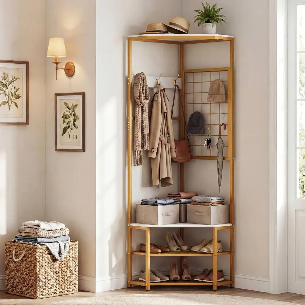 Corner Hall Tree Freestanding Coat Rack With Storage Shelves Removable HooksWhite view 4