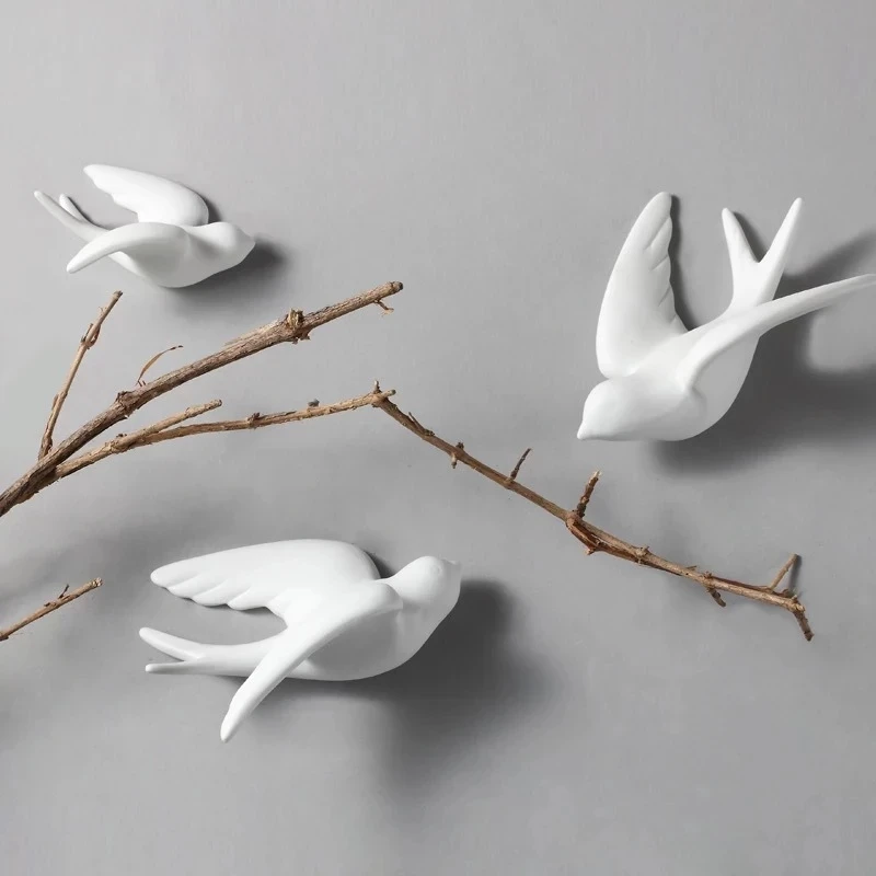 3D Nordic Style White Ceramic Wall Mounted Swallows Flying Wings Birds Ornament Wall Trims Home Hotel Room Decor 10cm 15cm 