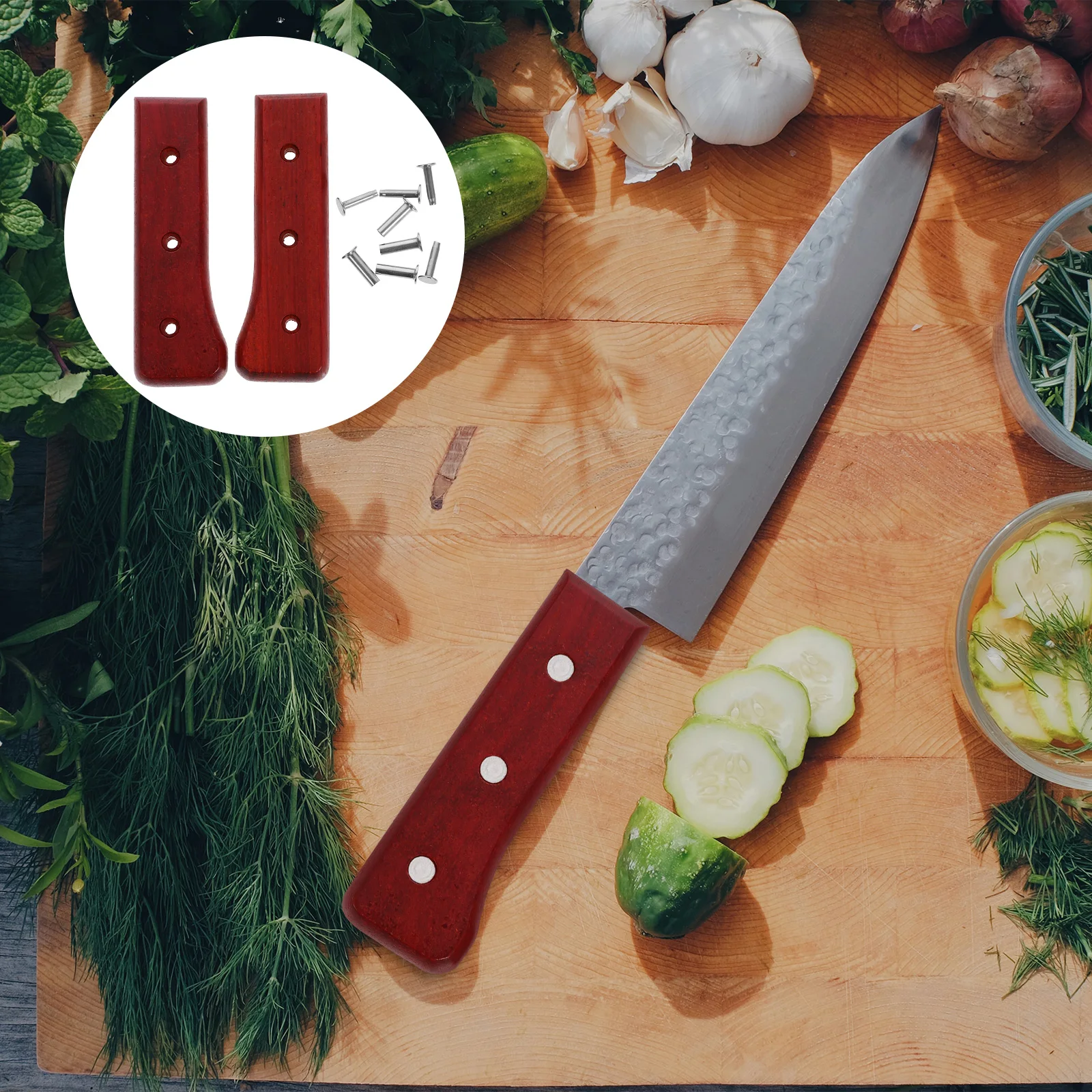 

1 Set Of Red Pear Handle Ergonomic Impact Resistant Comfort Kitchen Knife Accessories Wood Hand For Replacement Chopping