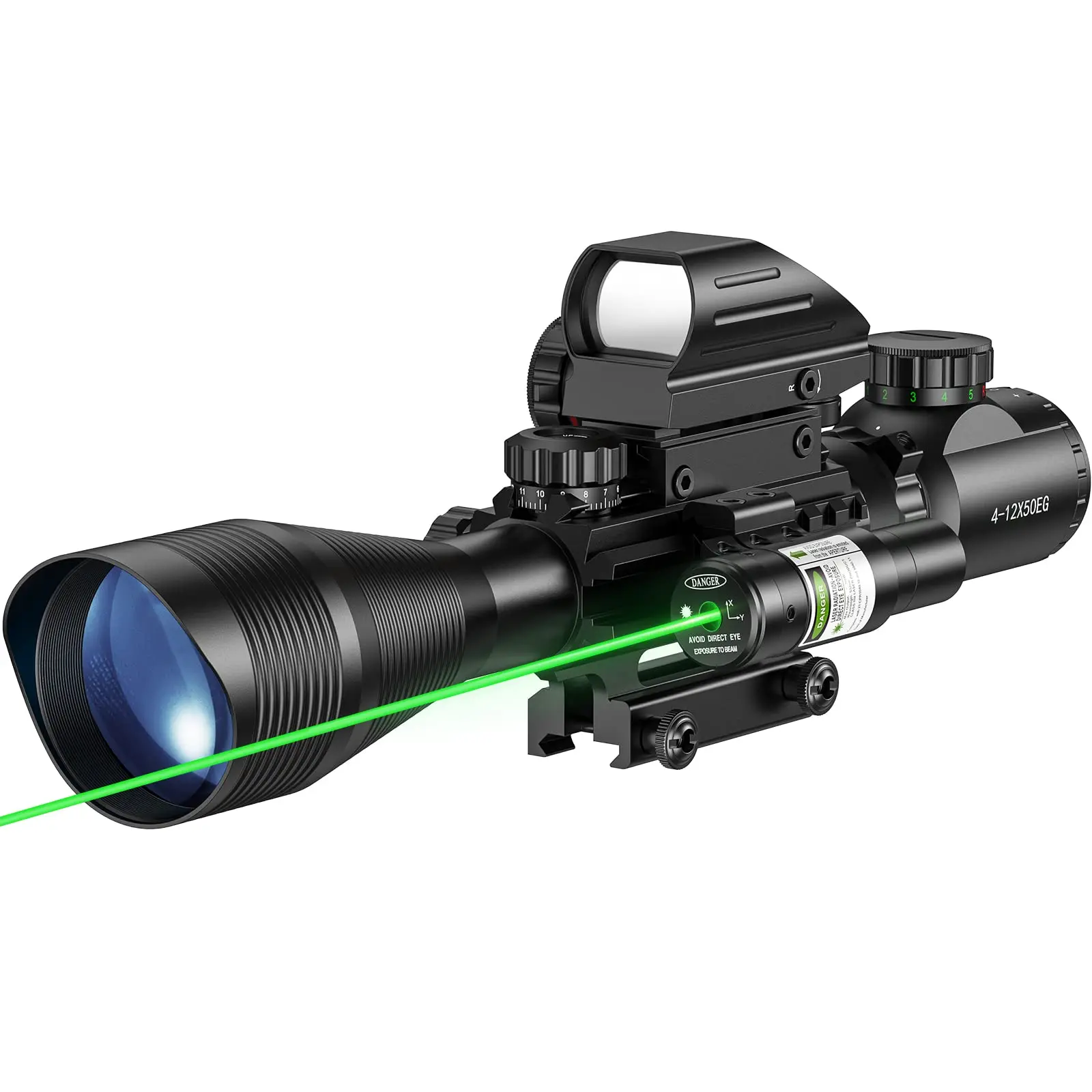 Rifle Riflescope 4-12x50EG Combo Dual Illuminated Optics IIIA/2MW Green Laser Dot Sight 4 Holographic Reticle 20mm Scope Mount