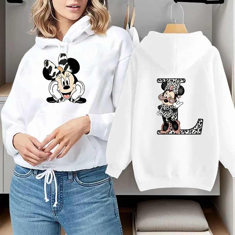 

Cute Leopard Minnie Mouse 26 English Alphabet Hoodie Woman Clothing Y2k Clothes Sweatshirts Long Sleeve Woman Clothes Hoodie