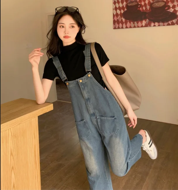Summer Denim Overalls Age-reducing Straight High-waisted Tooling Jumpsuit