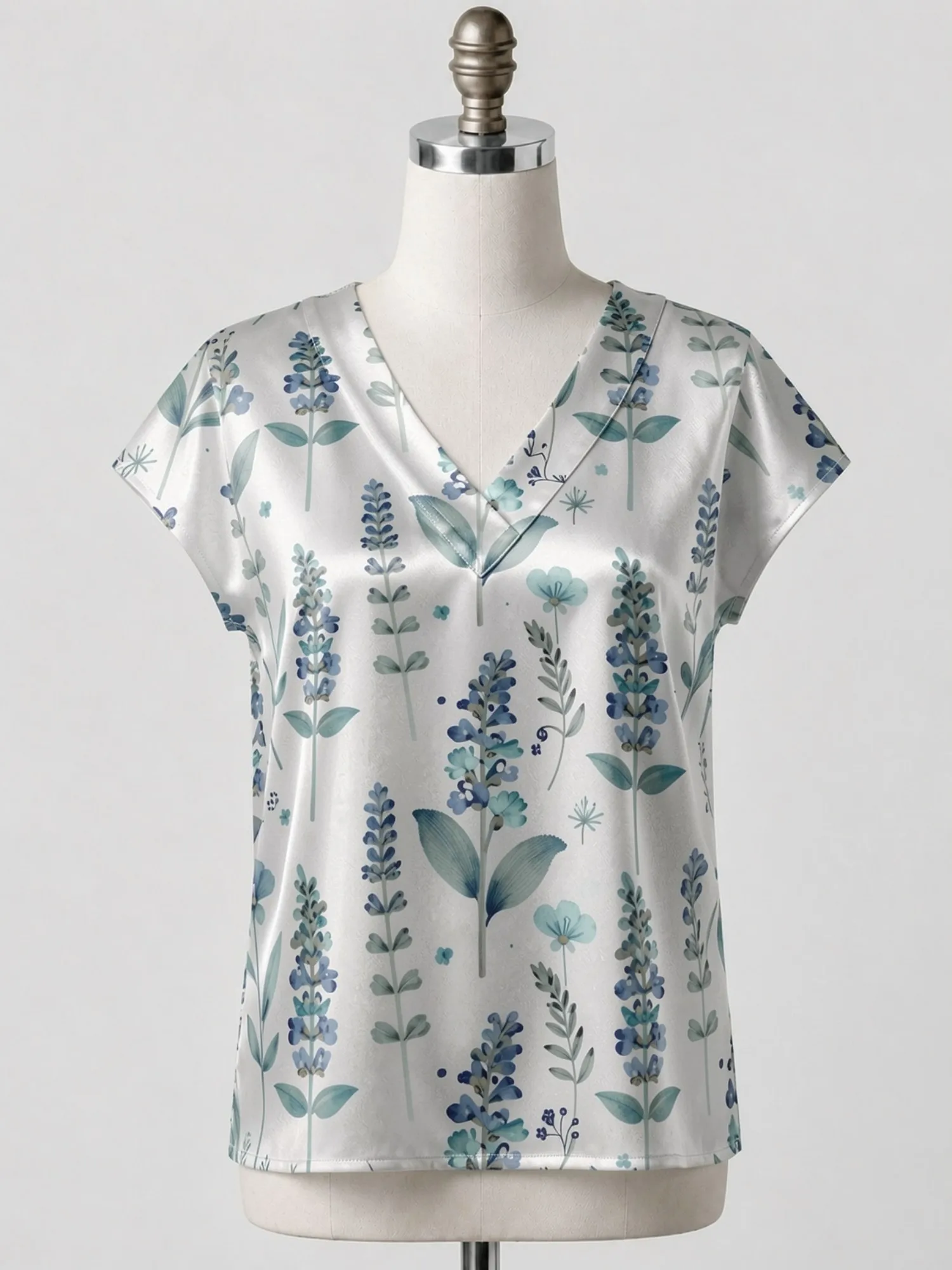Floral Satin V Neck Top for Women Cap Sleeve Smooth Draped Fit Silky Vacation Beach Daily Wear Lightweight Breathable Daily Cafe
