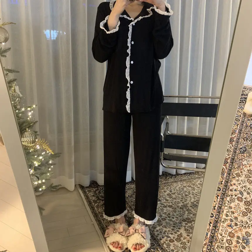 2-teiliges Set Damen-Nachtwäsche Sexy Spitze Langarm Lange Hose Einfache Schwarze Herbst- und Winter-Strickjacke Junge Mädchen Kleidung Damenmode